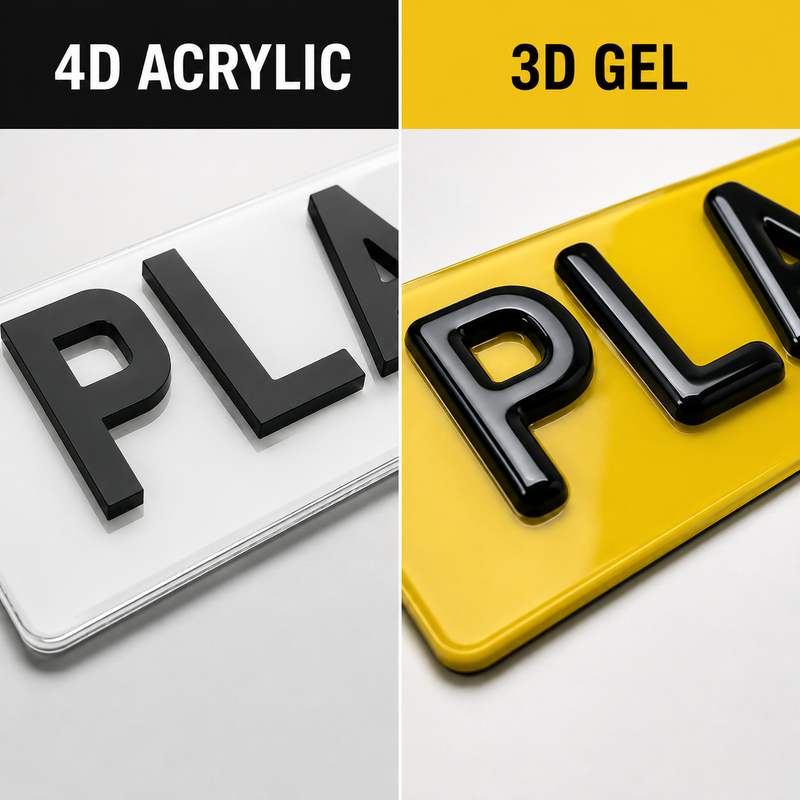 A generated comparison of the 4d acrylic and 3d gel style number plates.