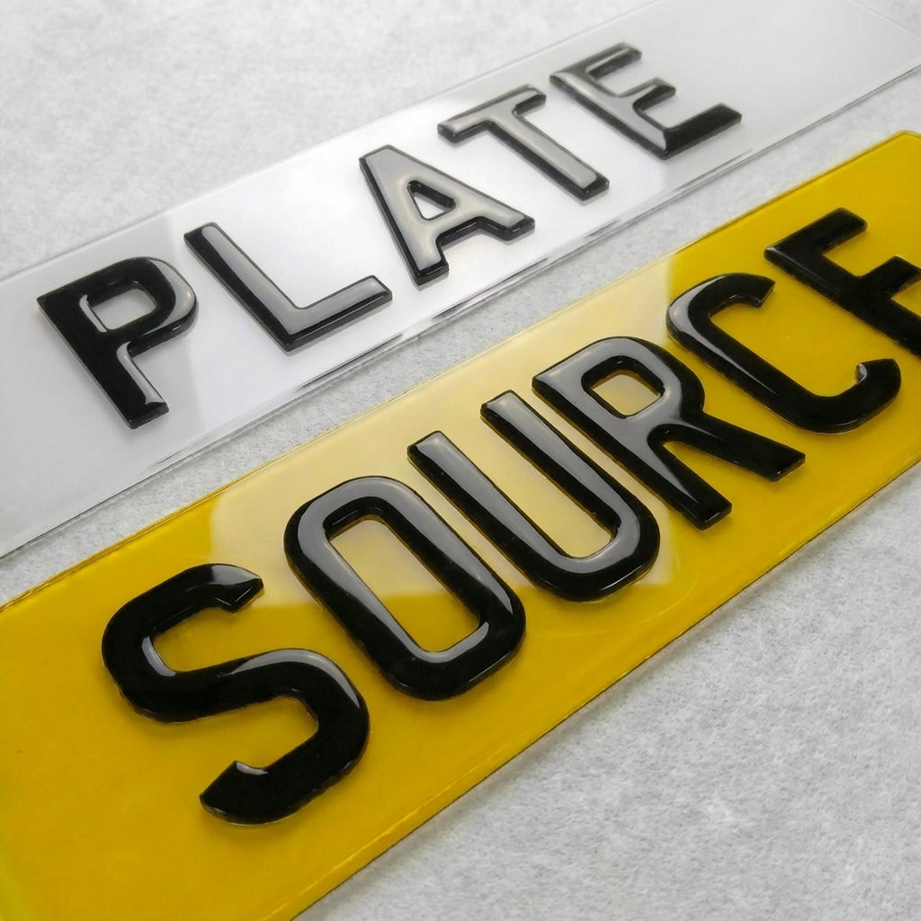4D gel, raised domed lettering digits UK front and rear number plate white and yellow BS AU 145e compliant